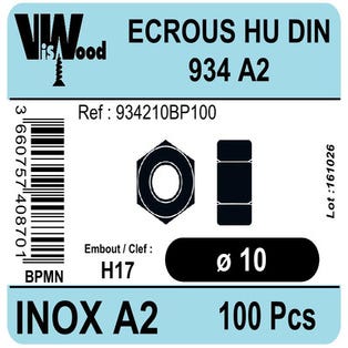 Écrous inox A2 Diam.10 mm 100 pièces - VISWOOD 0