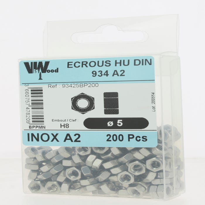 Écrous hexagonaux DIN934 inox A2 M5 200 pièces - VISWOOD 1