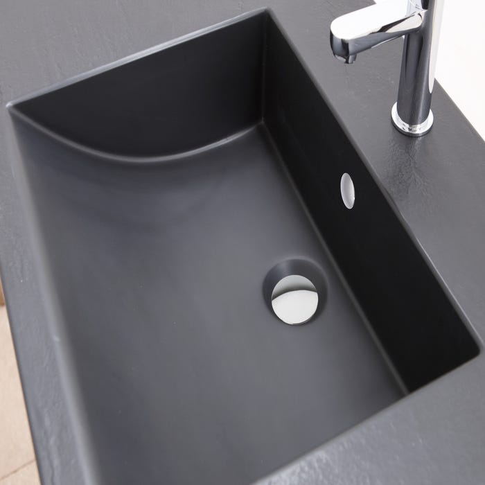 Ensemble meuble de salle de bain sur pieds 2 tiroirs aspect chêne l.90 x P.50 x H.87 cm + simple vasque noire + miroir - ERWAN 0