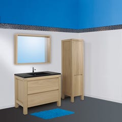 Ensemble meuble de salle de bain sur pieds 2 tiroirs aspect chêne l.90 x P.50 x H.87 cm + simple vasque noire + miroir - ERWAN 2