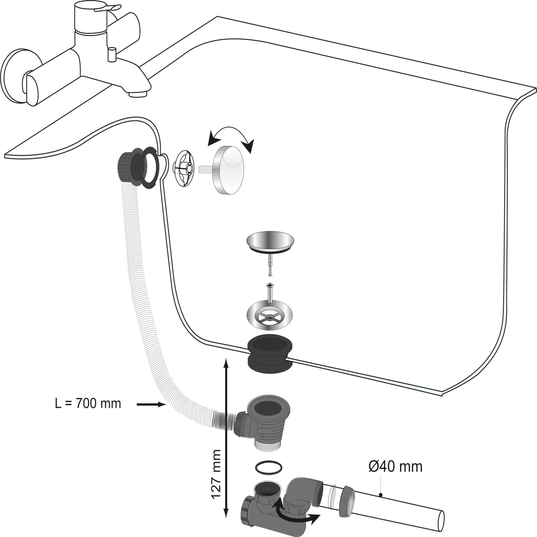 Vidage baignoire à câble avec siphon orientable trop plein Long.700 mm - WIRQUIN PRO 2