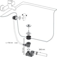Vidage baignoire à câble avec siphon orientable trop plein Long.700 mm - WIRQUIN PRO 2