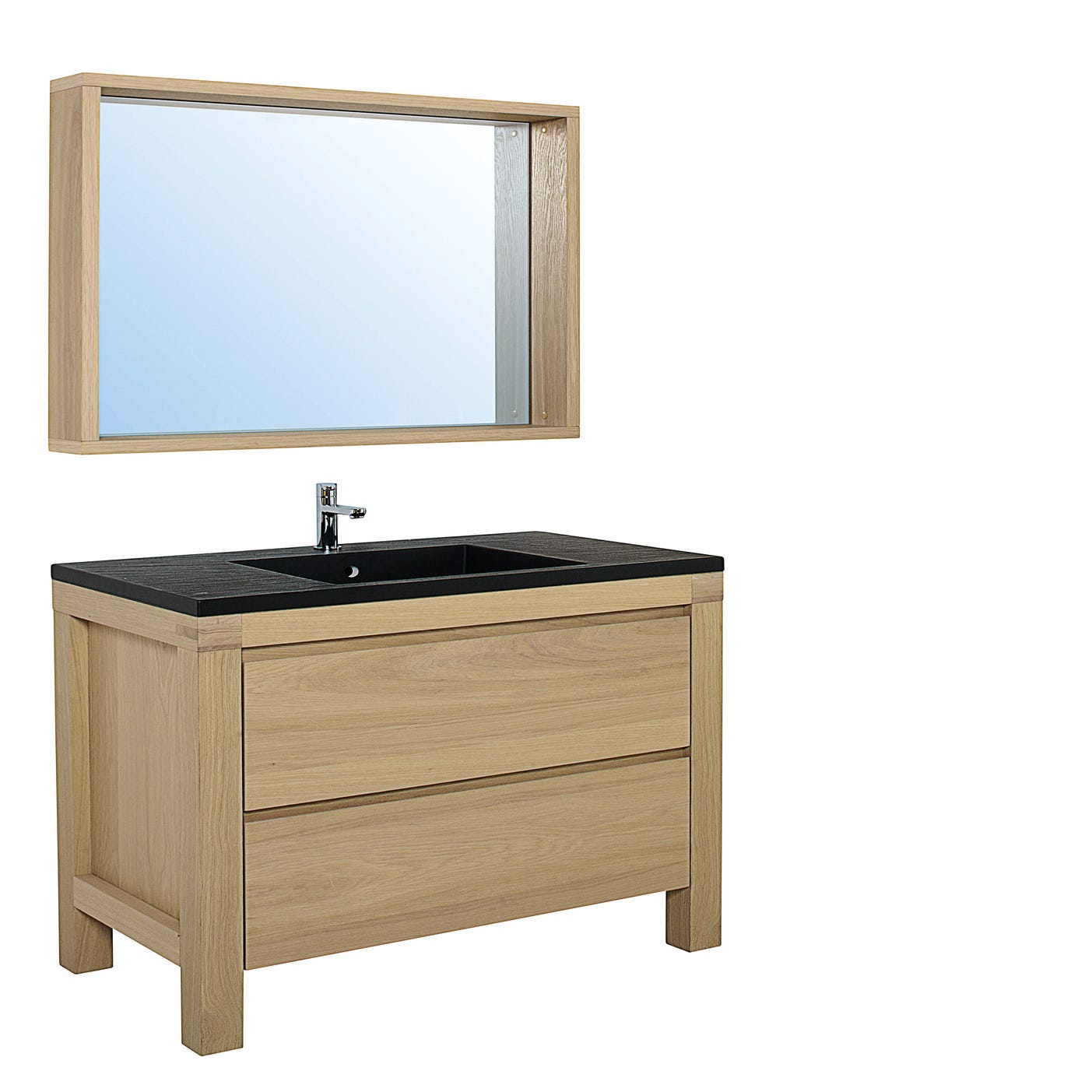 Ensemble meuble de salle de bain sur pieds 2 tiroirs aspect chêne l.90 x P.50 x H.87 cm + simple vasque noire + miroir - ERWAN 6