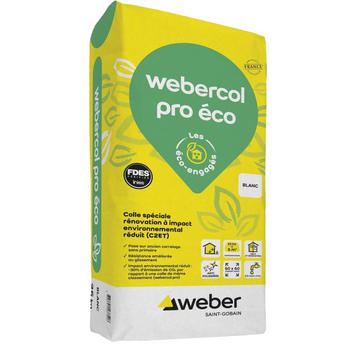 Colle carrelage en poudre gris C2E pour sol intérieur & extérieur et mur intérieur 25 kg - Webercol pro eco WEBER 0