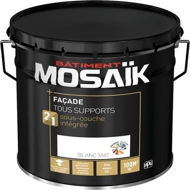 Peinture extérieure façade D2 tous supports 2 en 1 mat blanc 10 L - MOSAÏK 0