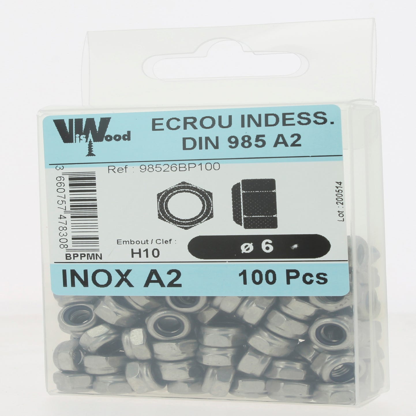 Écrous frein DIN985 inox A2 Diam.6 mm 100 pièces - VISWOOD 1