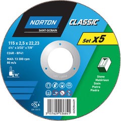 5 disques à tronçonner matériaux Diam.115 x 2,5 mm - NORTON  0