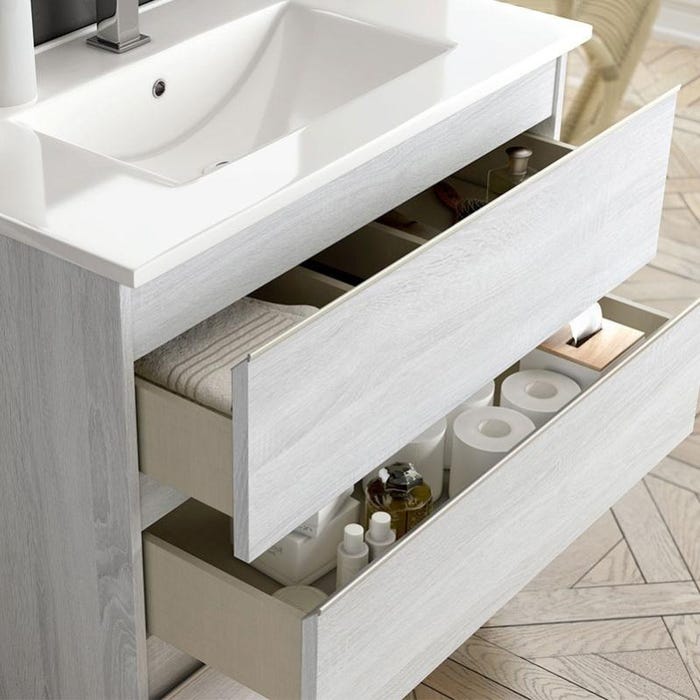 Meuble de salle de bain 100cm simple vasque - 3 tiroirs - PALMA - hibernian (bois blanchi) 2