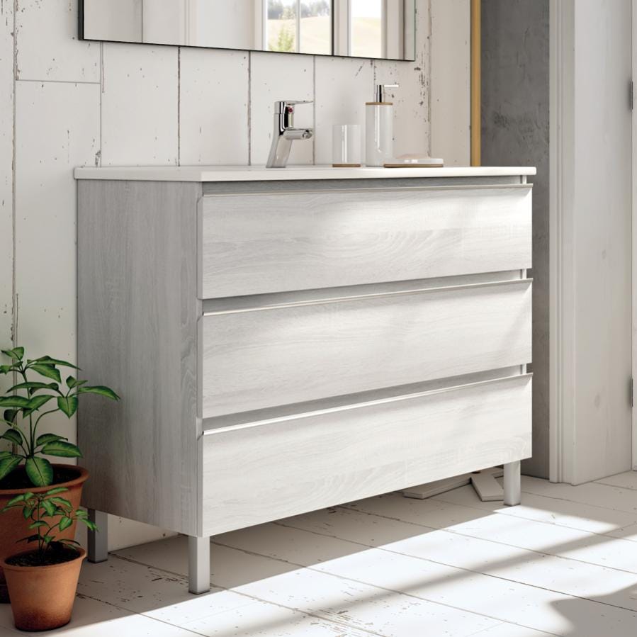 Meuble de salle de bain 100cm simple vasque - 3 tiroirs - PALMA - hibernian (bois blanchi) 1