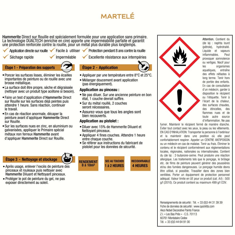 Peinture fer extérieur Direct sur rouille HAMMERITE châtaigne martelé 0.25 l 4