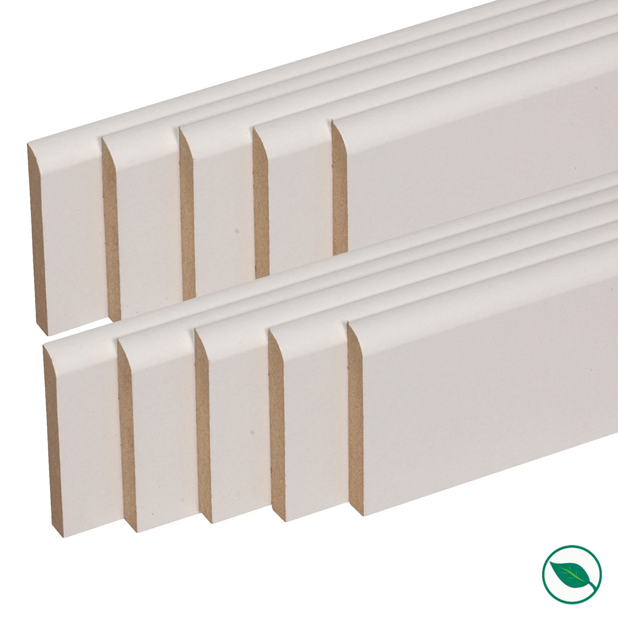 Pack de 10 plinthes bord arrondi MDF revêtues blanc 2200 x 35 x 10 mm PEFC 70% 0