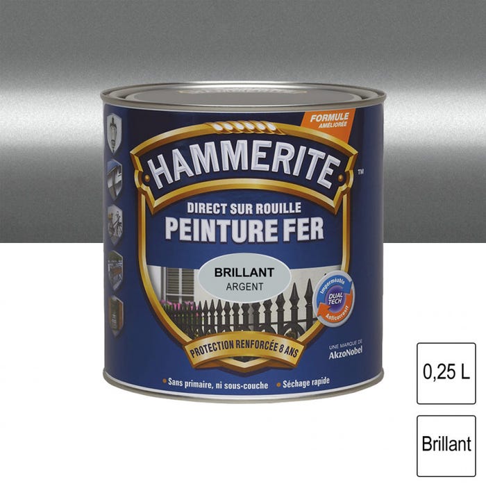 Peinture fer Direct sur Rouille Argent brillant 0,25L HAMMERITE 0