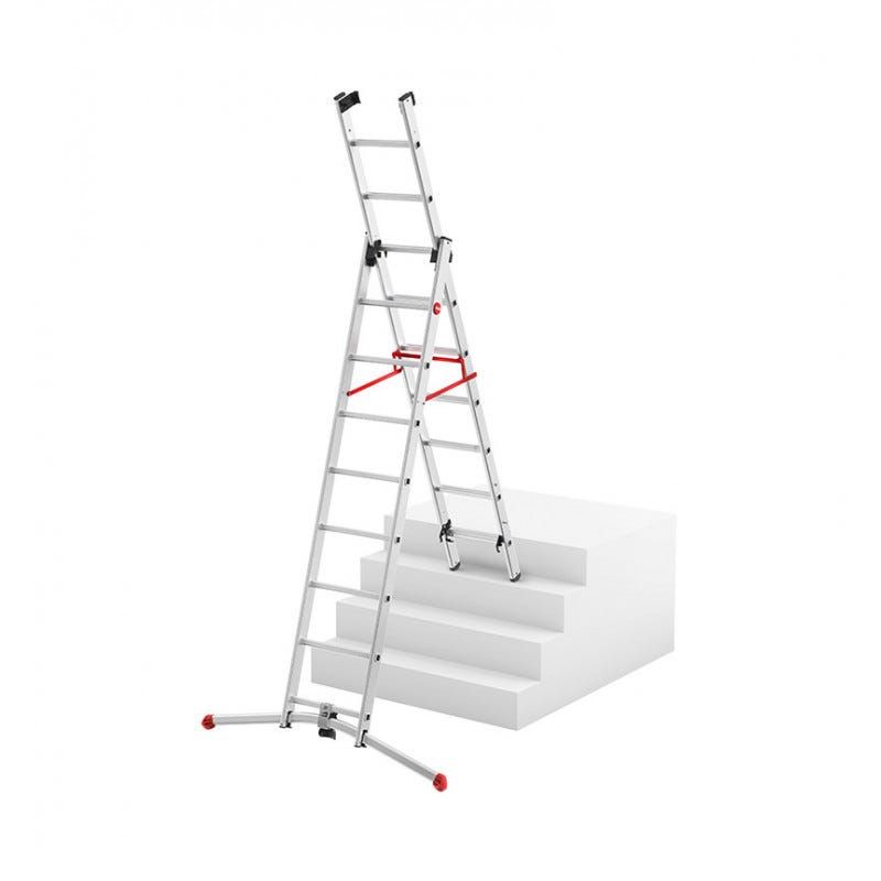 Echelle 3 plans Hailo Profilot transformable 3x9 marches alu, 6,60m, rattrapage de niveau 15cm en pente, position escabeau et escalier, usage intensif 4