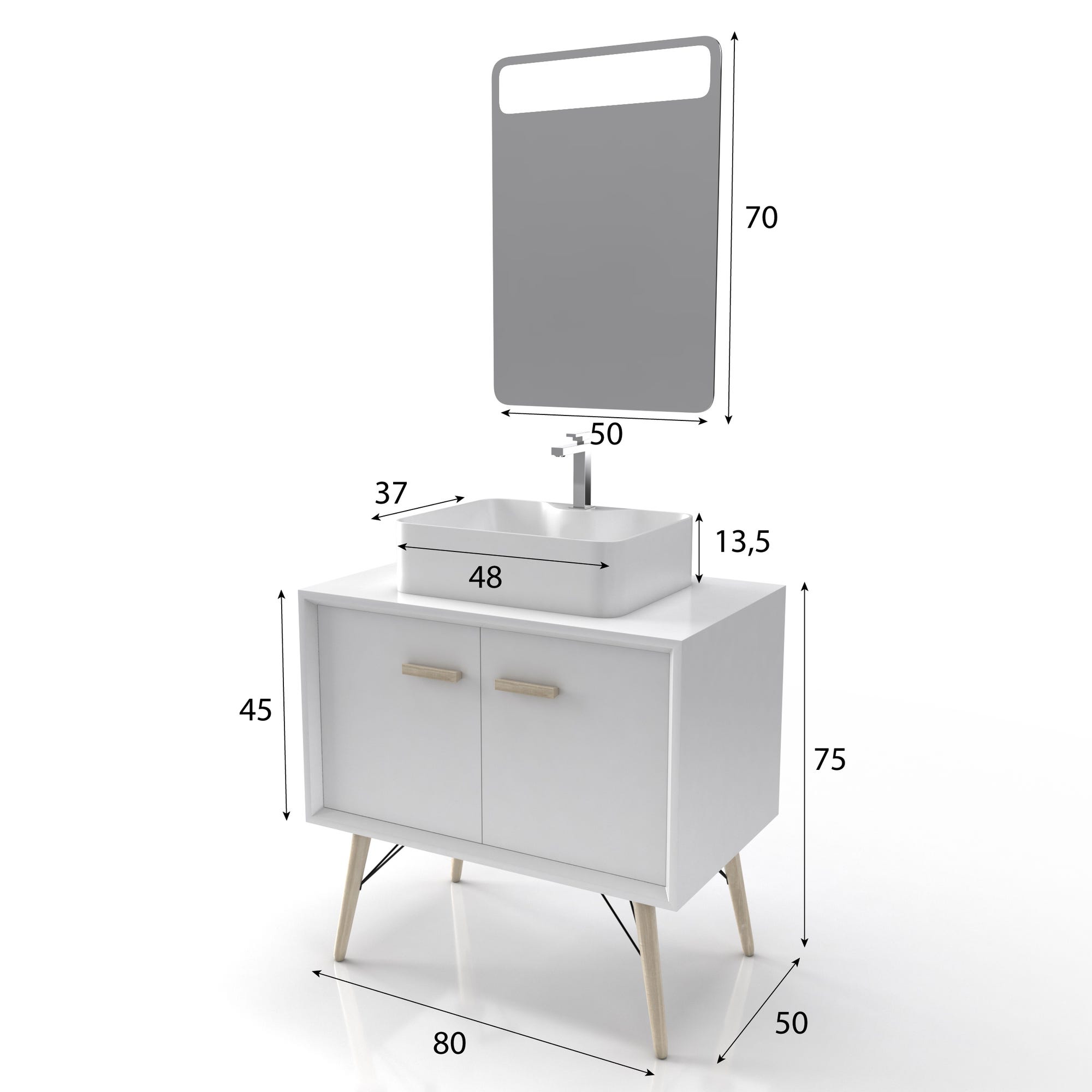 MEUBLE SALLE DE BAIN SCANDINAVE BLANC 80 CM SUR PIEDS AVEC PORTES, VASQUE A POSER ET MIROIR LED 3