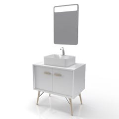 MEUBLE SALLE DE BAIN SCANDINAVE BLANC 80 CM SUR PIEDS AVEC PORTES, VASQUE A POSER ET MIROIR LED 2