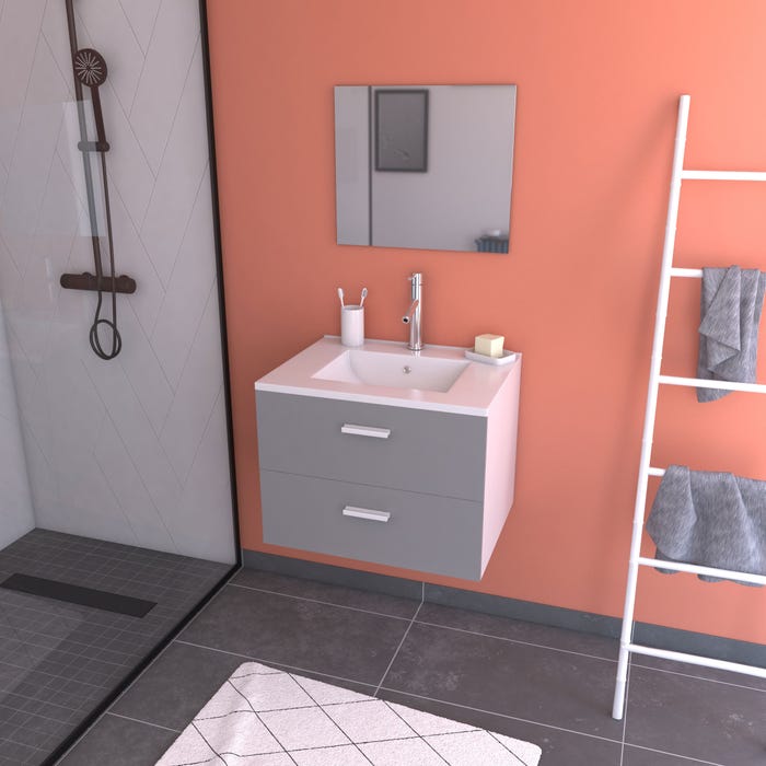 Meuble salle de bain 60 cm suspendu 2 tiroirs Gris avec vasque et miroir - BOX-IN 60 GREY 0