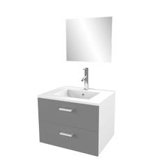 Meuble salle de bain 60 cm suspendu 2 tiroirs Gris avec vasque et miroir - BOX-IN 60 GREY 2
