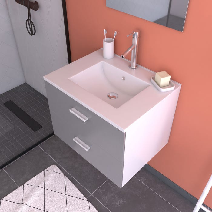 Meuble salle de bain 60 cm suspendu 2 tiroirs Gris avec vasque et miroir - BOX-IN 60 GREY 1