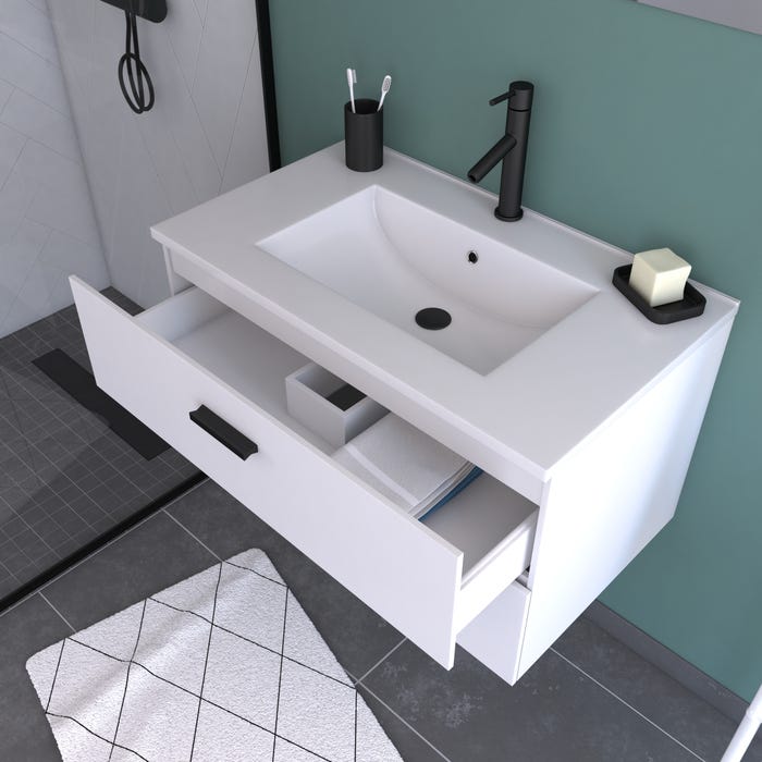 Meuble salle de bain 80 cm monte suspendu blanc H46xL80xP45cm - avec tiroirs - vasque et miroir 1