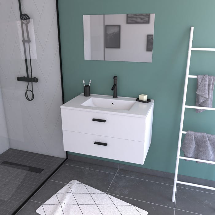 Meuble salle de bain 80 cm monte suspendu blanc H46xL80xP45cm - avec tiroirs - vasque et miroir 0
