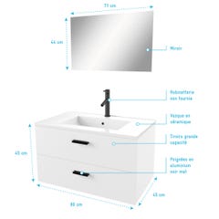 Meuble salle de bain 80 cm monte suspendu blanc H46xL80xP45cm - avec tiroirs - vasque et miroir 3