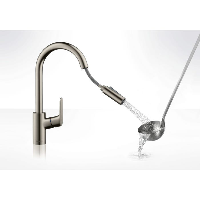 Mitigeur de cuisine 240 avec douchette extractible 2 jets aspect acier inox Focus M41 Hansgrohe 1