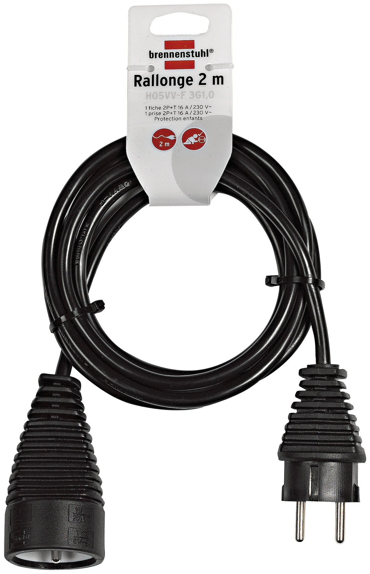 Rallonge électrique avec fiche plate et double prise 5m H05VV-F 3G1,5 noir