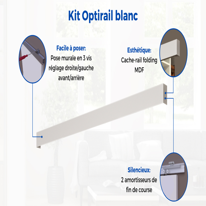 Kit porte coulissante ATELIER BLANC + rail 2 amortisseurs + cache rail décor assorti - verre transparent 3