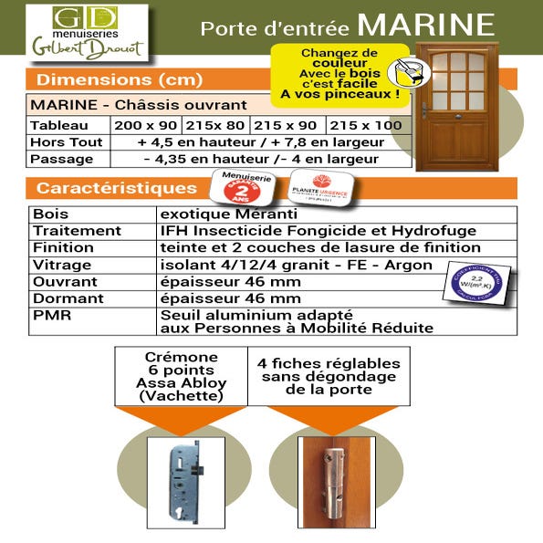 porte D'entrée Bois Vitrée, Marine, H,215xl,80 P, Droit Côtes Tableau Gd Menuiseries 3
