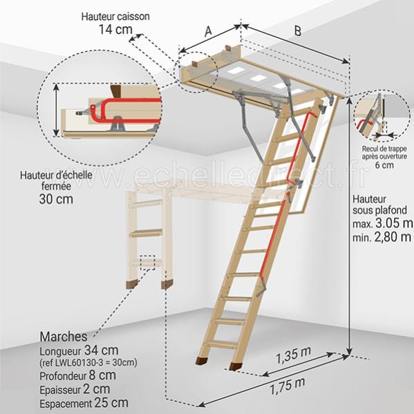 Echelle escamotable bois - Ouverture du plafond de 60 x 130cm - LWL60130-3 1