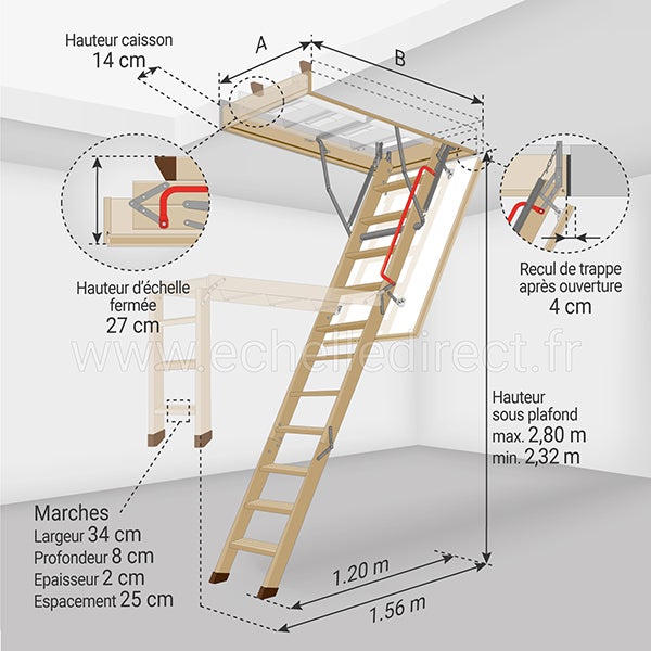 Escalier escamotable LWS, Haut. 280 cm x 70 cm x 120 cm
