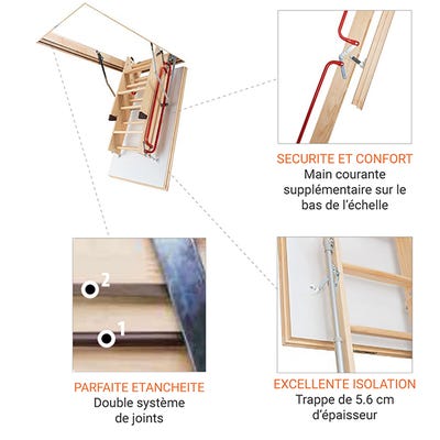 Escalier escamotable bois - Hauteur sous plafond 3.05m - Trémie 70x130cm -  LTK70130-3 ❘ Bricoman