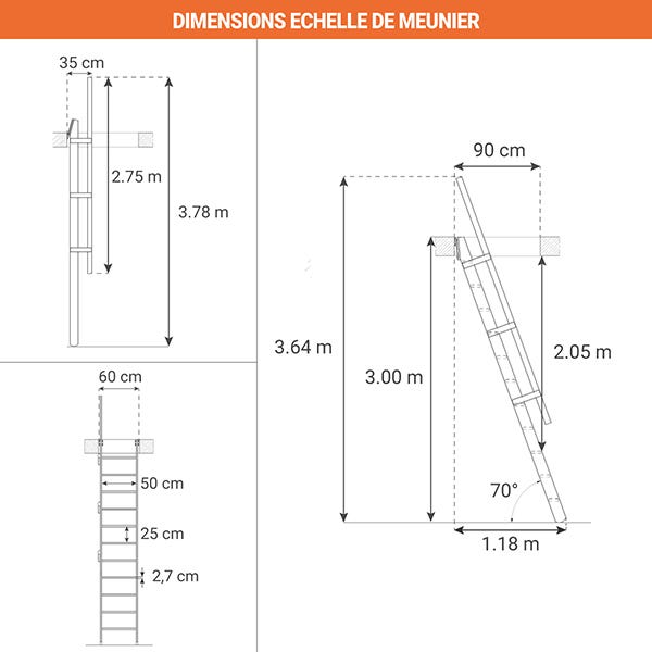 Echelle de meunier : 55cm de large - Couleur : Bois Naturel - 1 rampe - MSP/BN 1