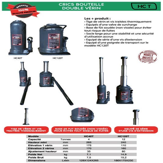 Cric bouteille double vérin 12 tonnes 110/160 mm HC120T Stockman 1