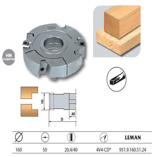 Porte-outils feuillure extensible diam. 160 Al.50 Ht. 20,4/40 z4+V4 coupe droite 951.9.160.51.24 Leman 0