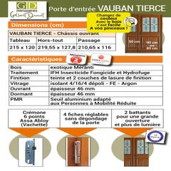 Porte D'entrée Bois Tiercee Vitrée Vauban H215 X L120 P, Droit Côtes Tableau Gd Menuiseries 1