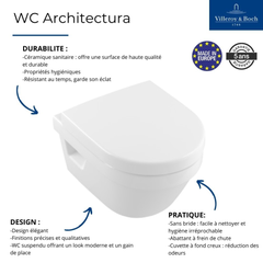 Pack WC suspendu sans bride VILLEROY ET BOCH Architectura 37 x 53 + abattant + plaque blanche + bâti 2