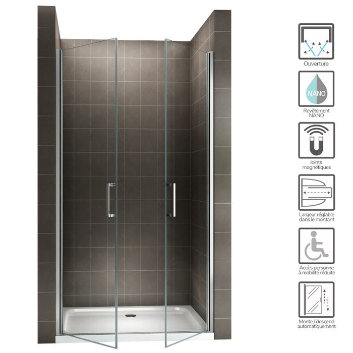 KAYA Porte de douche H 185 Largeur Réglable 74 À 77 cm Verre Transparent 1