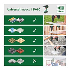 Perceuse-visseuse sans fil Bosch Home and Garden UniversalImpact 18V-60 06039D7101 18 V 2.0 Ah Li-Ion + batterie, + 2