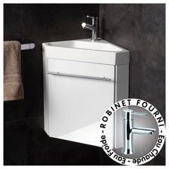 Lave-mains d'angle avec meuble complet blanc brillant et mitigeur eau chaude/ eau froide 1