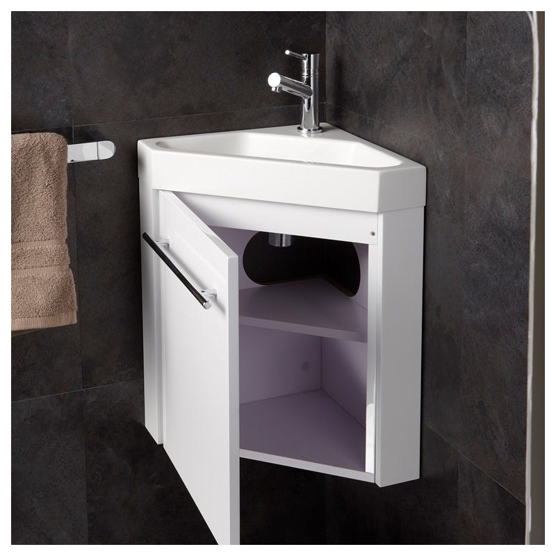 Lave-mains d'angle avec meuble complet blanc brillant et mitigeur eau chaude/ eau froide 2