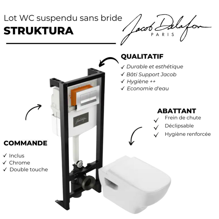 Pack WC suspendu sans bride JACOB DELAFON Struktura + abattant + plaque + bâti support 3
