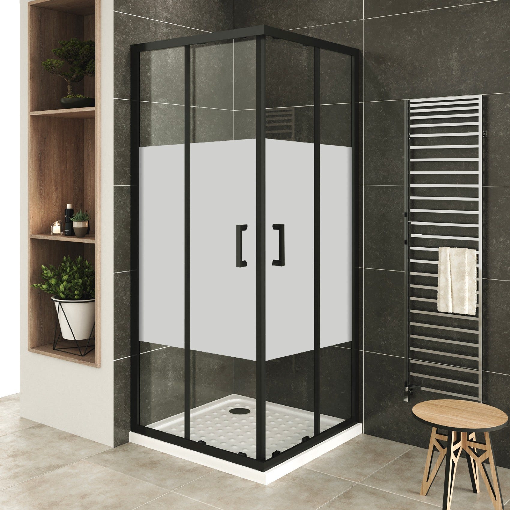 LANABLACK+ Porte de douche d'angle H 180 cm centre-opaque 80 x 100 cm + receveur 0