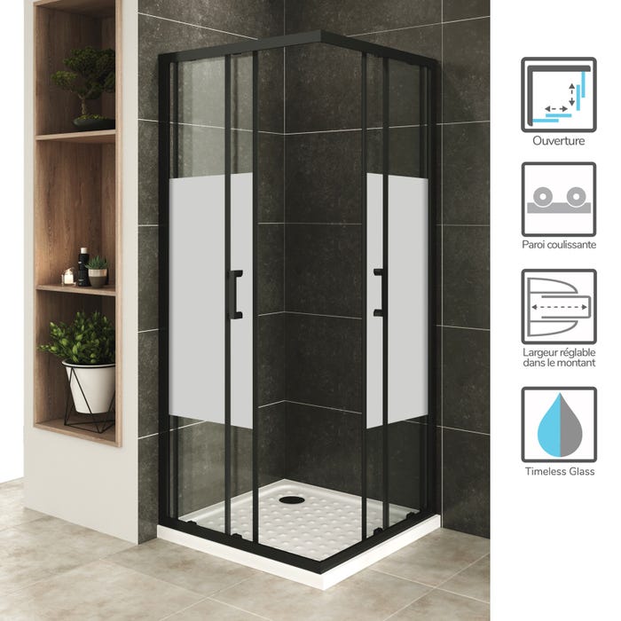 LANABLACK+ Porte de douche d'angle H 180 cm centre-opaque 80 x 100 cm + receveur 1