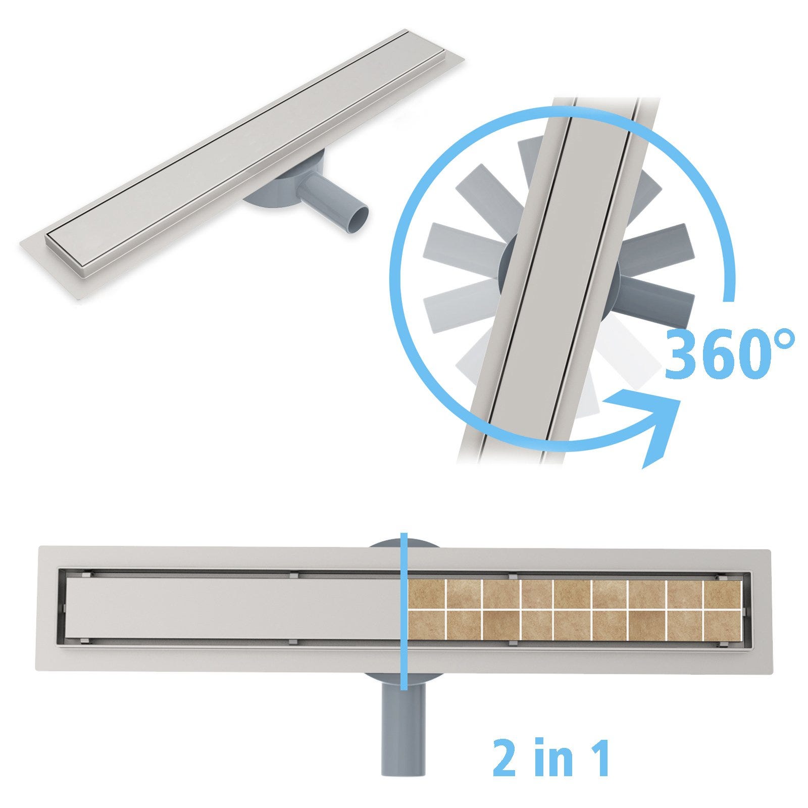 Aica Caniveau de douche italienne 90 cm en acier inoxydable 2 en 1 à carreler Siphon 360° 0