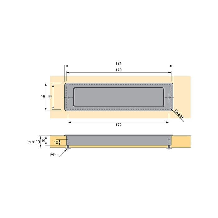 Poignée à encastrer touchin - Profondeur : 16 mm - Largeur : 46 mm - Encastrement : 179 x 44 mm - Section : - - Entraxe 2