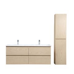 Meuble double vasque 120cm avec plan céramique SORRENTO Décor chêne + colonne 1