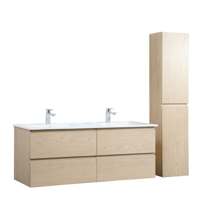 Meuble double vasque 120cm avec plan céramique SORRENTO Décor chêne + colonne 0