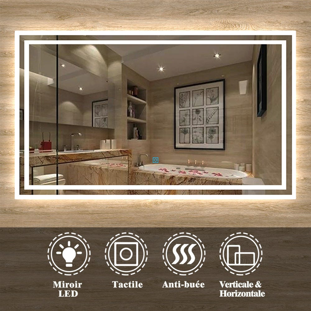 AICA Sanitaire Miroir de salle de bain avec LED intégrée et anti-buée, Horizontal/Vertical 100cm(L)x60cm(H) 0