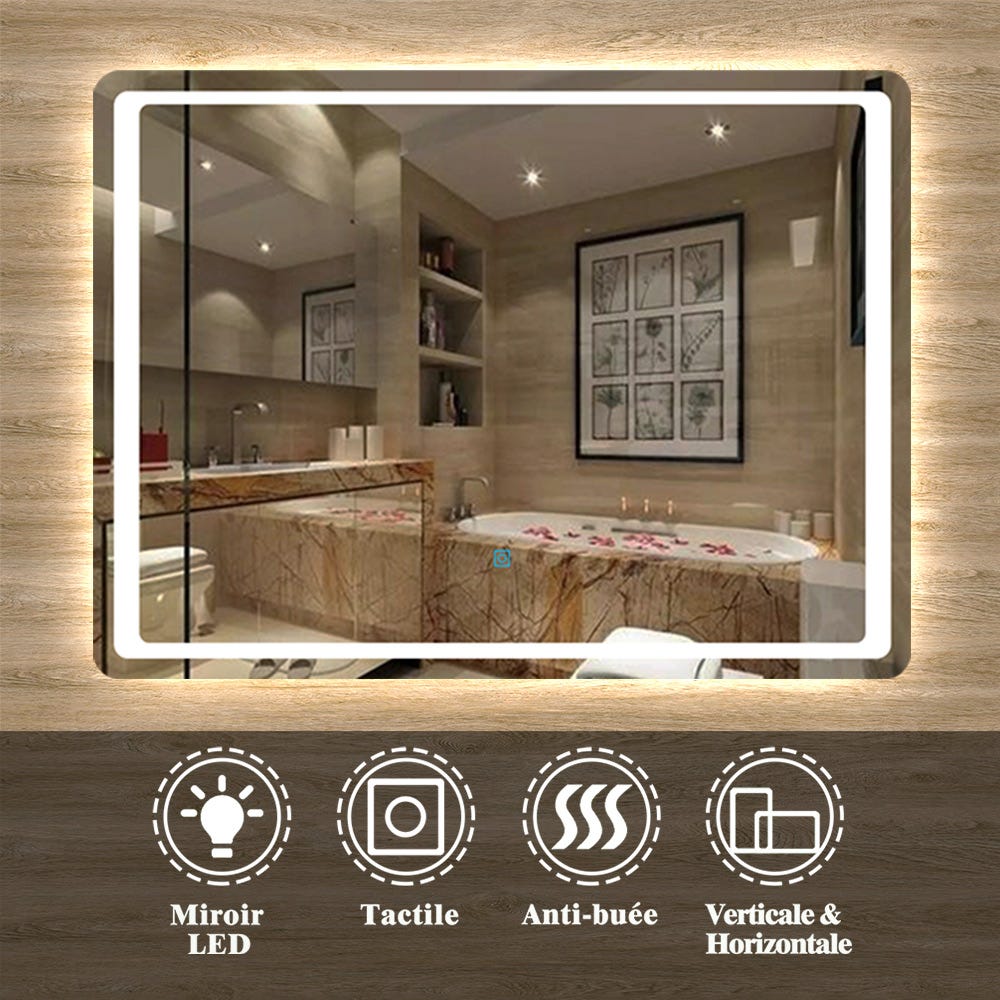 AICA Sanitaire Miroir salle de bain LED anti-buée avec interrupteur tactile, Lumière blanc 6000K, 80*60cm 0